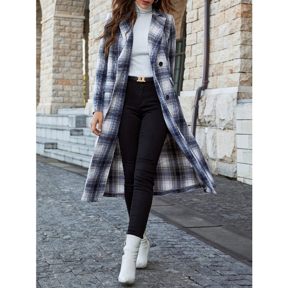 Long Blue Plaid Double Breasted Coat S, L, XL NWOT - Picture 4 of 7